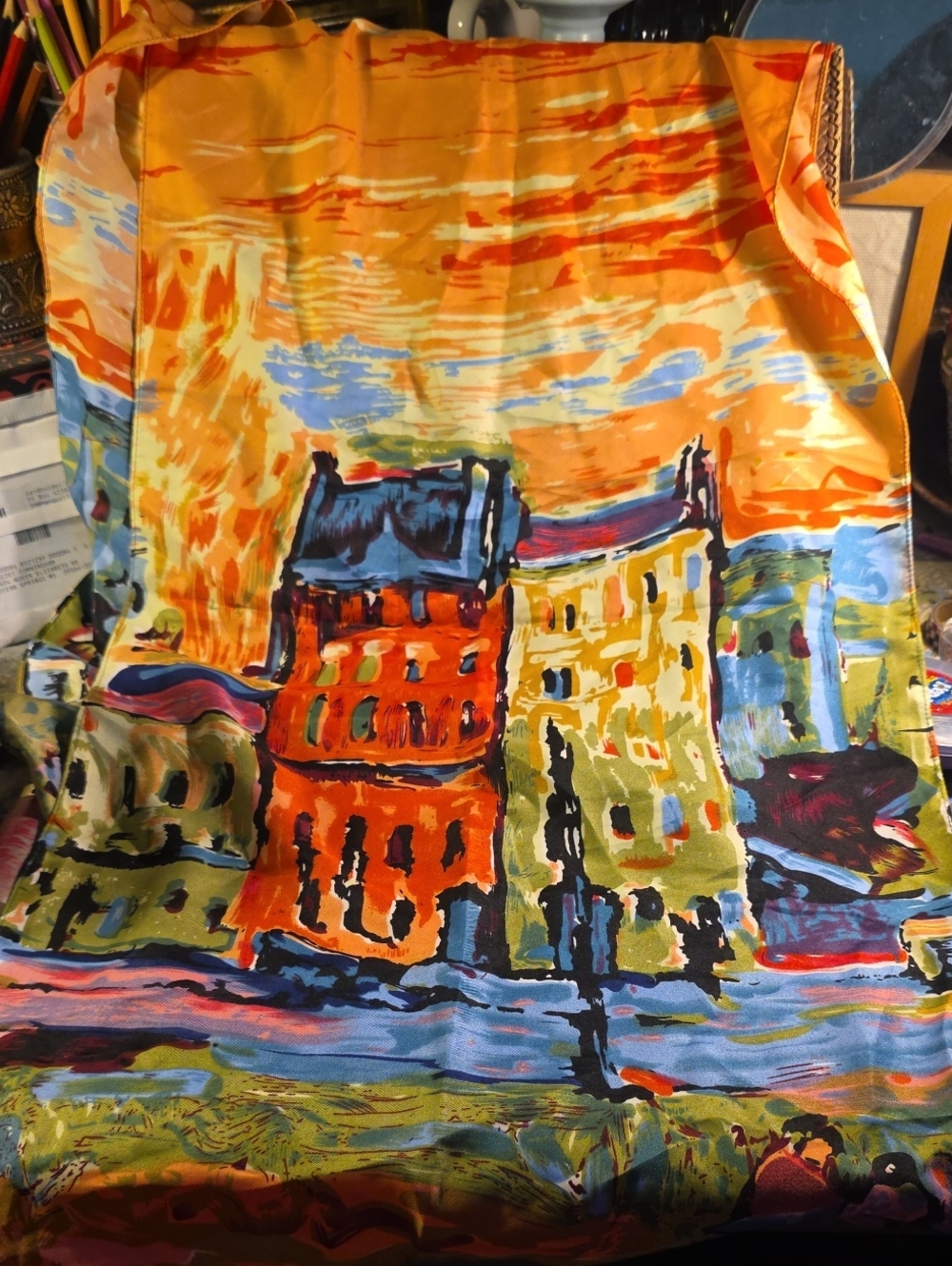 Vibrant Orange Multi-Color Silk-Feel Scarf with Artistic Cityscape